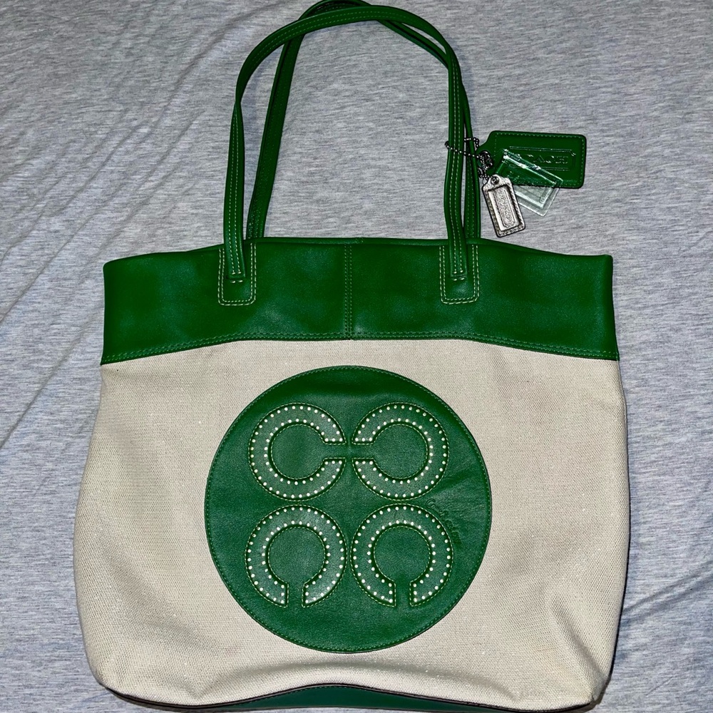 Coach Julia Op Art Perry Metallic Cream & Emerald Green Leather Tote #15014